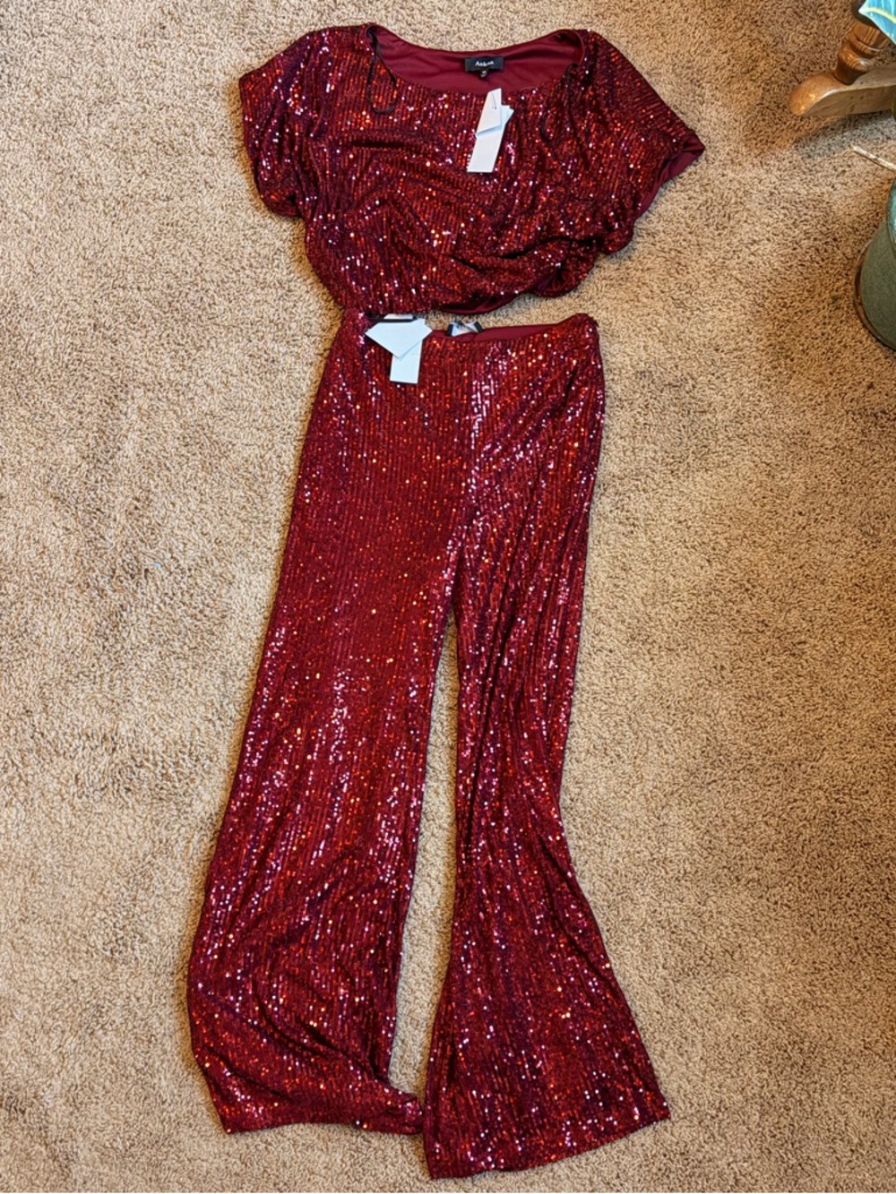 Aakaa Red Sequin Two-Piece Set